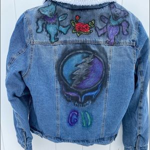 Custom Grateful Dead painted Denim jean jacket Peace sign beaded roses bears xl